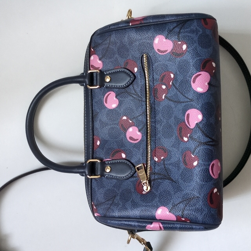 Coach Dark Blue Cherry Pattern Rowan Satchel - Picture 2 of 7